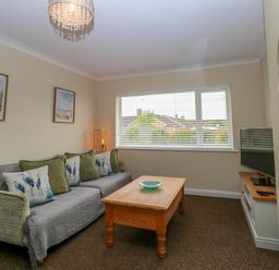 A living room with a sofa with cushions a wooden coffee table a flat screen tv and window blinds at Little Lodge in Dersingham