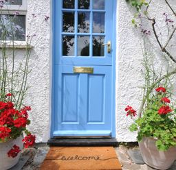 An outdoor entrance with a blue door and flower pots at 2 Porthilly Cottages in Rock