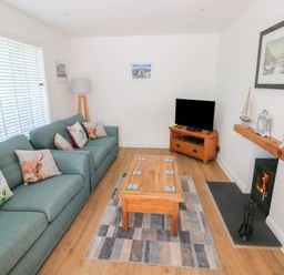 A living room with two green sofas wooden coffee table and a TV by a fireplace at Arfryn in Solva