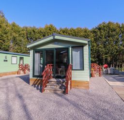 A small green cabin with steps and wooden railings in front of trees and gravel at Lodge 2 in Silverdale