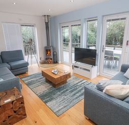 A living room with a sofa, television, and wood stove at The Black Barnacle in Portreath