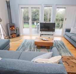 A living room with a fireplace and sliding doors at The Black Barnacle in Portreath
