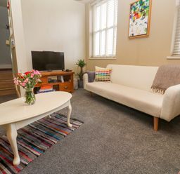 A living room with a white sofa a colorful cushion a coffee table with flowers and a TV on a wooden stand at Cottage Annex in Constantine