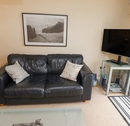 A living room with a black leather sofa two cushions a wall picture a flat screen tv on a glass stand and a striped rug at Sea Shore in Seahouses