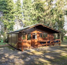 A wooden cabin with a small porch and chairs in a forested area at Goldcrest in Withern near Alford