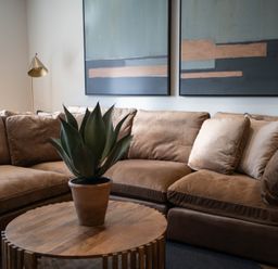 A brown sectional sofa with cushions a wooden coffee table with a potted plant and two abstract paintings on the wall at The Reef in Kessingland