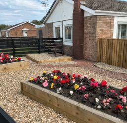 A garden with raised beds and flowers at North Sands in Beadnell