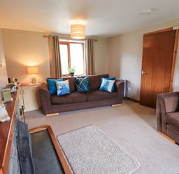 A living room with two brown sofas and blue cushions a small cabinet with a lamp a window with curtains and a wooden door at Low Wood View in Hartsop
