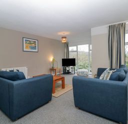 A living room with two blue sofas a wooden coffee table a small TV and striped curtains at Tamar Cottages 34 St Ann's Chapel Cornwall