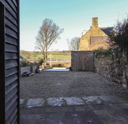 A garden view with a tree and gravel area at Seafield Coach House in Alnmouth