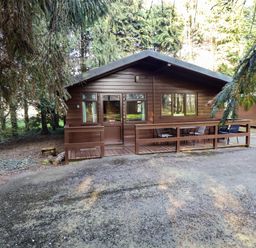 A brown wooden cabin surrounded by trees with a patio and chairs at Pheasant in Withern near Alford