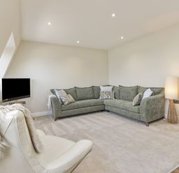 A living room with a green corner sofa white chair with fur throw floor lamp and a small TV at No 10 Croft House in Tenby