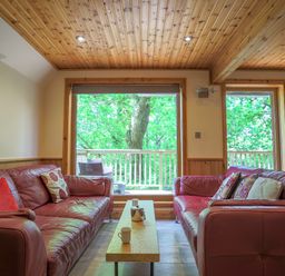 A living room with a sofa and table at Lodge 68 - Fern Gully near Finlakes Holiday Park