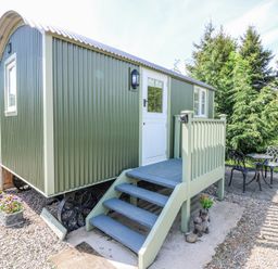 A small green cabin on wheels with stairs leading to a white door and outdoor seating at Airlie Burnside near Forfar