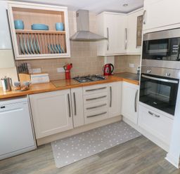 A kitchen with sink, gas stove, oven and dishwasher at Puffin Nook in Broad Haven