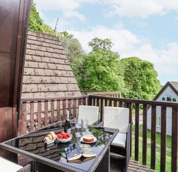 A balcony with a table set with food drinks and books overlooking trees and neighboring houses at 23 Valley Lodge in Gunnislake