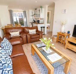 A living room with brown leather sofas a glass coffee table with flowers a wooden dining table and a television at Cape A9 Norton Near Freshwater