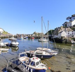 A harbor with boats and houses on hillside at Harbour View in Polperro