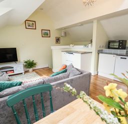 A living area with a grey sofa green chairs a TV on a white cabinet and a kitchen with white cabinets at Cuddfan at Swallow Cottage Rhydtalog near Coedpoeth