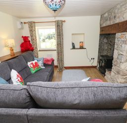 A living room with a sofa and fireplace at Dolcoed in Manordeilo near Llangadog