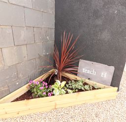 A garden planter with flowers and a sign at Teach Ti in Miltown Malbay