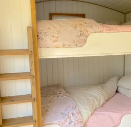 A wooden bunk bed with pink floral bedding and pillows at Shepherd Hut 1 in Northchapel