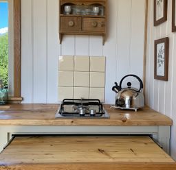 A kitchen counter with a gas stove kettle and dishes on shelves at Shepherd Hut 1 in Northchapel