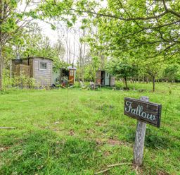 A grassy outdoor area with trees wooden huts and a sign reading Fallow at Warmwell