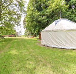 A grassy outdoor area with a large white tent a dartboard attached to a tree and tables at Stardust in Ventnor