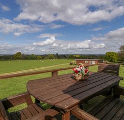 A wooden outdoor table and chairs with a basket of flowers on the table overlooking a green field with sheep and a distant building at Twilight in Raglan