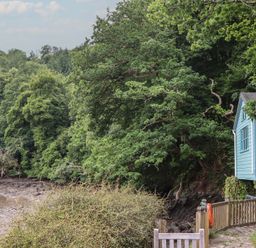 A house next to a river with trees at The Boat House in Ashprington