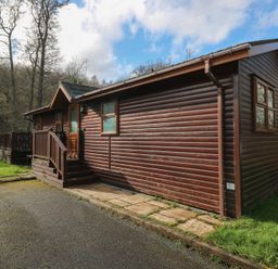 A log cabin with steps and patio in outdoor area at Riverside Lodge 3
