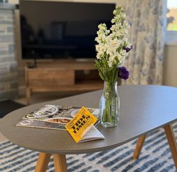 A living room with a coffee table, vase with flowers, and television at 42 Little Trelyn Rock