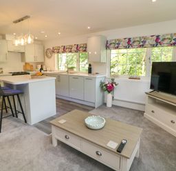 A kitchen with modern appliances and a television at Stoney Rock Lodge