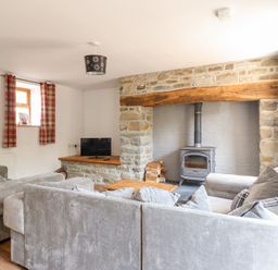 A living room with a wood stove and sofa at Gwernffridd 