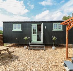 An outdoor area with a black wooden cabin with green windows and door a wooden picnic table and a hot tub under a wooden pergola at The Heron in Lode near Bottisham