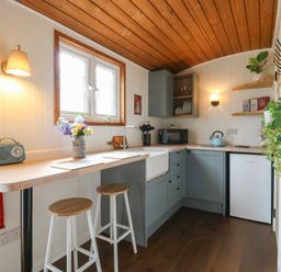 A kitchen with blue cabinets wooden ceiling stools and plants at Barn Owl in Lode near Bottisham