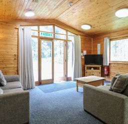 A living room with two gray sofas a wooden coffee table a standing lamp a TV on a wooden stand and large windows at Sycamore Lodge in Rosliston
