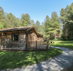A wooden cabin with a fenced deck surrounded by trees and grass with a gravel pathway at Sycamore Lodge in Rosliston
