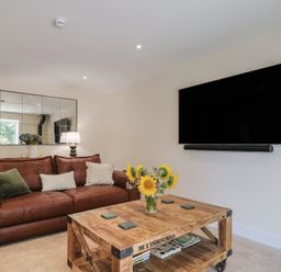 A living room with a sofa and television at Foxes Den Pendomer near Yeovil, Somerset