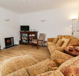 A living room with a sofa, armchair, and television at No.1 Vanderhoof Way in Saundersfoot