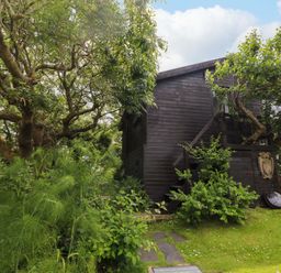 A garden with a wooden house surrounded by trees at The Tree House Nine Wells near Solva