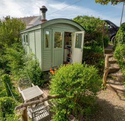 A hut surrounded by greenery with steps leading to a driveway at The Shepherd Hut near Nine Wells near Solva