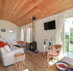 A living room with a sofa, bed, and fireplace at Squirrel's Drey in Chapel Lawn near Clun
