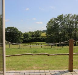 A view of a grassy area with trees and a fence at Owl's Hollow Chapel Lawn near Clun