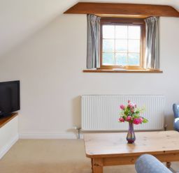 A living room with a television and coffee table at The Stables in Budock Water near Falmouth