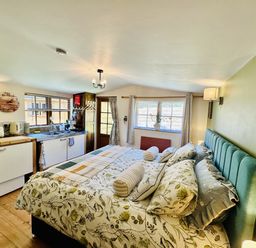 A studio apartment with a bed and kitchenette at Harvey's Lodge in Lowertown, Helston