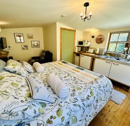 A bedroom with a kitchenette and a bed at Harvey's Lodge in Lowertown, Helston