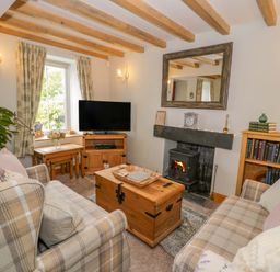 A living room with a sofa and fireplace at Brondderwen in Blaenau Ffestiniog
