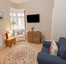 A living room with a sofa, coffee table, and television at Raglan Lodge in Monmouth